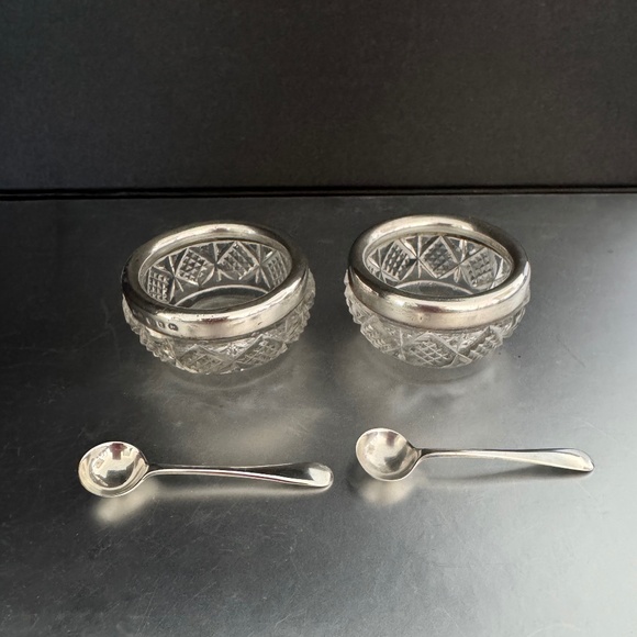 Antique Sterling Silver Salt Cellars and Spoons - Picture 1 of 6